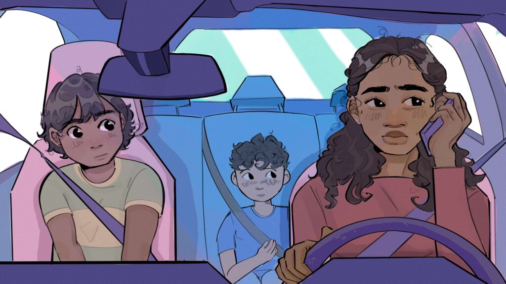 Illustration of a woman holding her phone while driving her two kids.