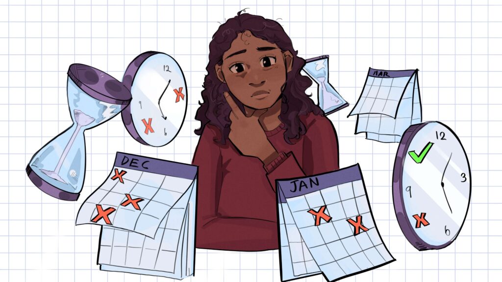 Illustration of a woman with calendars, clocks, and hourglasses circling her.