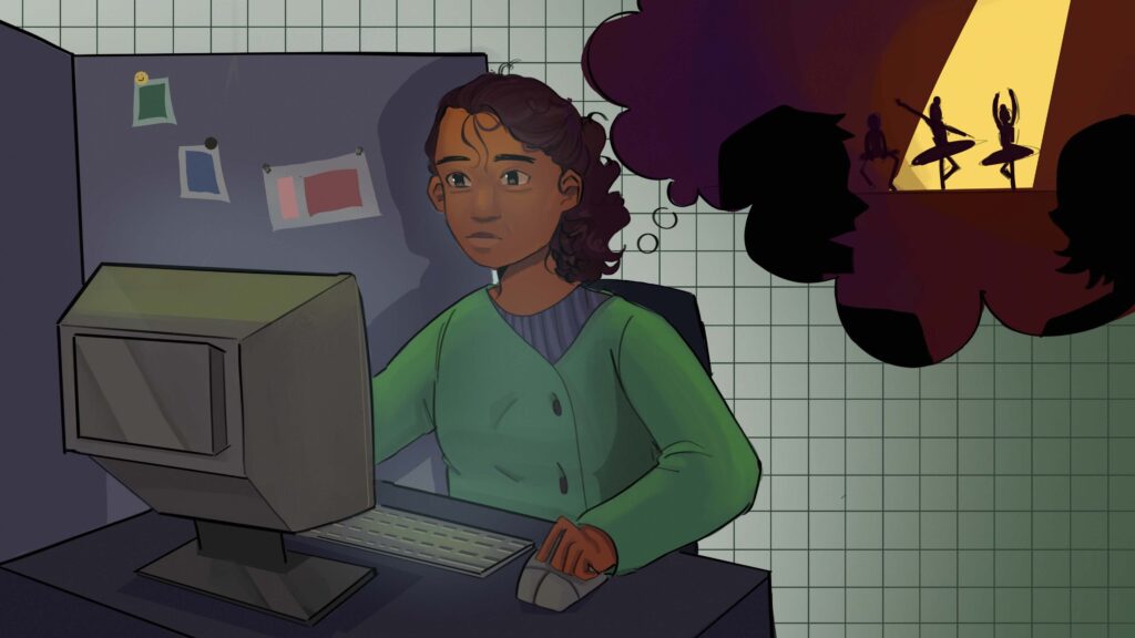 Illustration of a woman working at a desk while thinking of a dance recital.